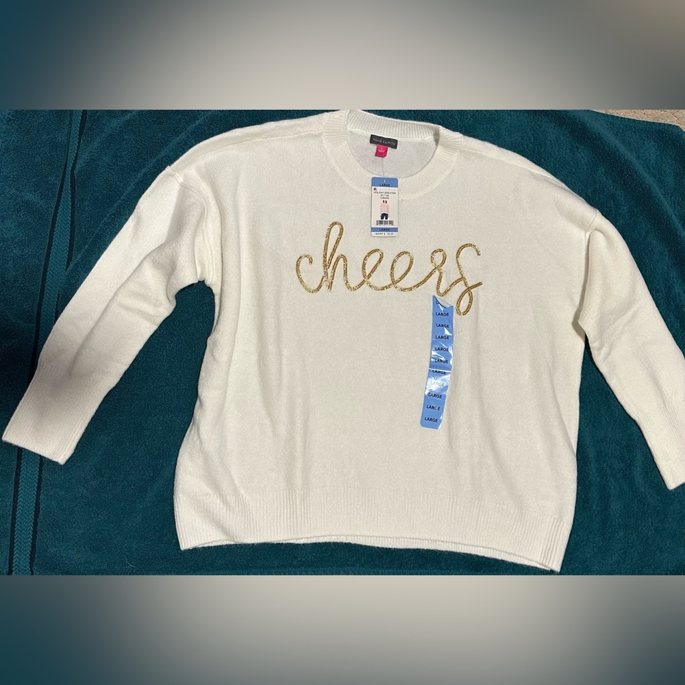 *NWT* Vince Camuto Soft White Holiday Sweater with Gold 'Cheers' Design, Sz L